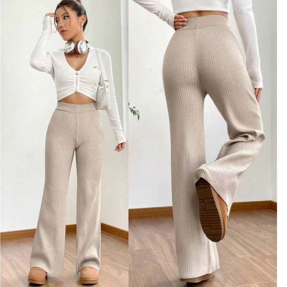 Pants - Shein High Waist Flare Leg Khaki Knit Pants Beige Ribbed size S